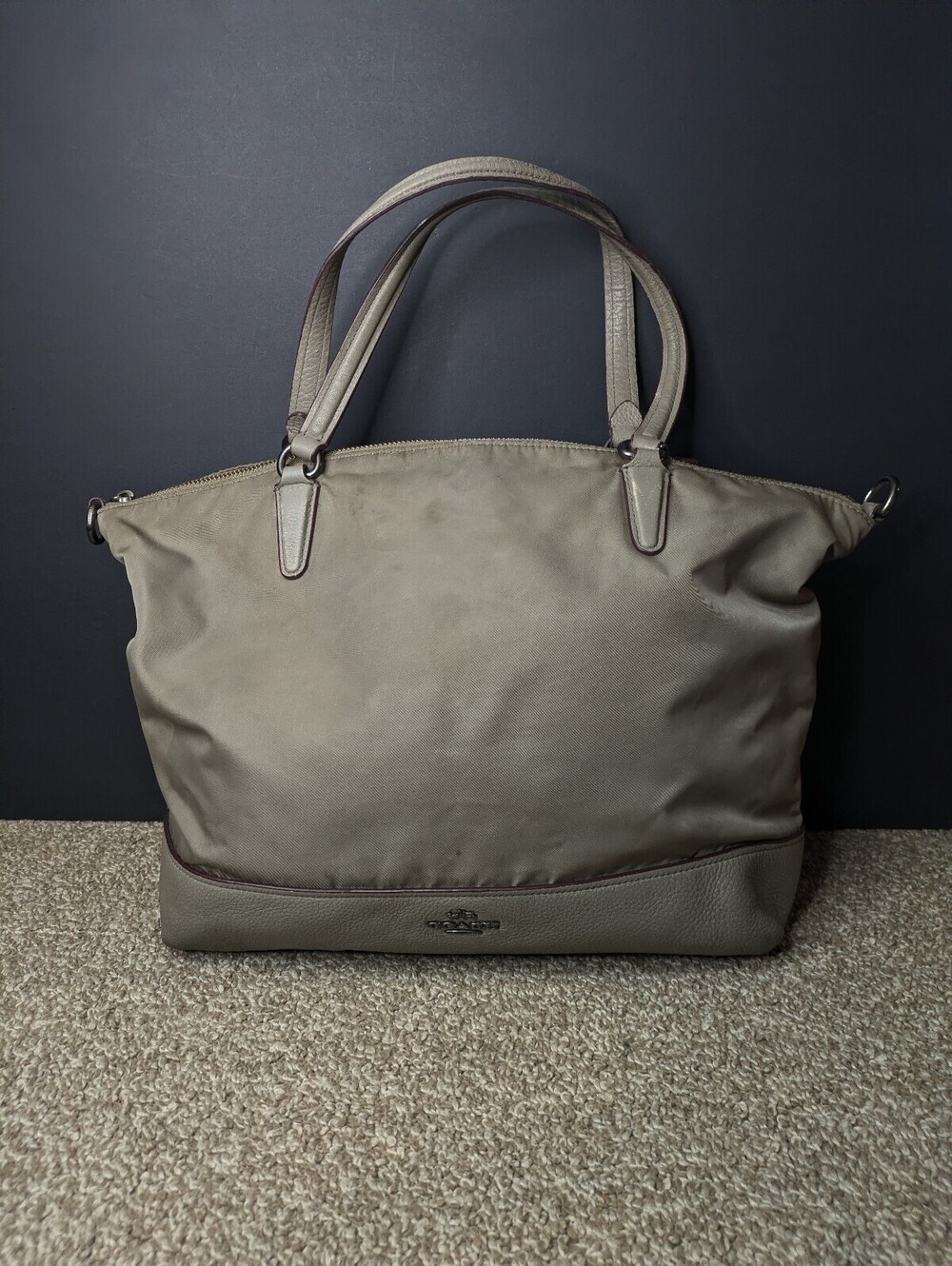 Coach F57902 Satchel Shoulder Bag Beige Taupe Nylon Pebbled Leather Trim